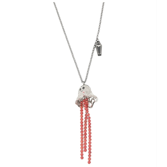 🔹️Betsey Johnson🔹️ Silver and Red Crystal Ghost Y Neck Tassel Necklace - Picture 2 of 3